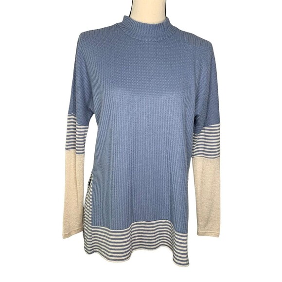 Belle Du Jour Mock Neck Sweater Tunic Women S NWT Rib Knit Split Sides Stripes - Picture 1 of 12
